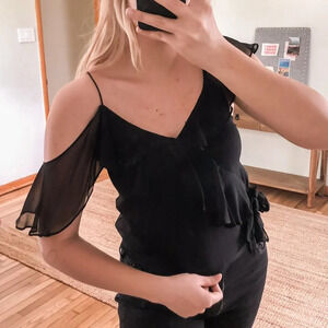 Alice + Olivia 100% Silk Asymmetric Shoulder Black Ruffle Bow Classic Tank Top S